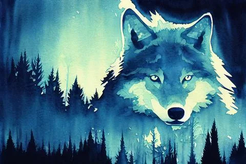 Abstract colorful wolf background. Wolf watercolor double exposure background Stock Illustration