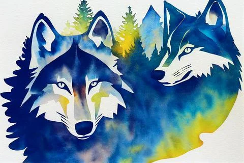 Abstract colorful wolf background. Wolf watercolor double exposure background Stock Illustration