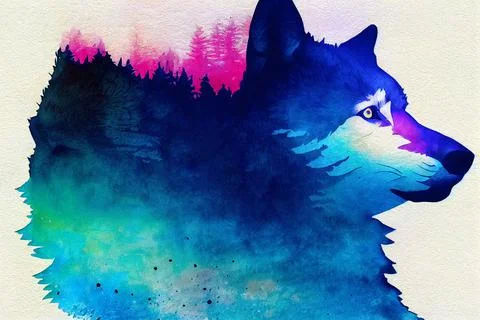 Abstract colorful wolf background. Wolf watercolor double exposure background Stock Illustration