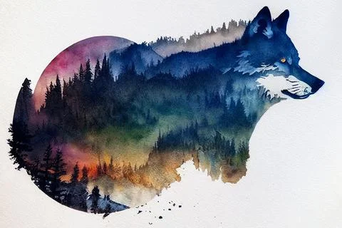 Abstract colorful wolf background. Wolf watercolor double exposure background Stock Illustration