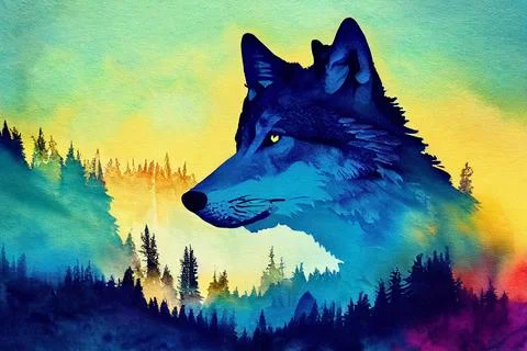 Abstract colorful wolf background. Wolf watercolor double exposure background Stock Illustration