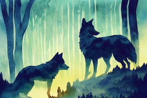 Abstract colorful wolf background. Wolf watercolor double exposure background Stock Illustration