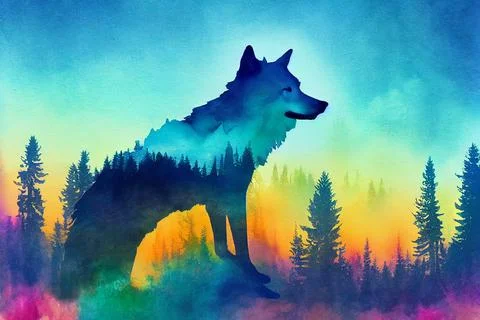 Abstract colorful wolf background. Wolf watercolor double exposure background Stock Illustration