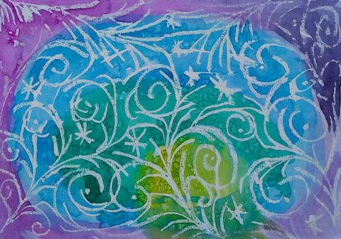 Abstract colour background with white swirling winter pattern on it. Paint ha Stock Illustration