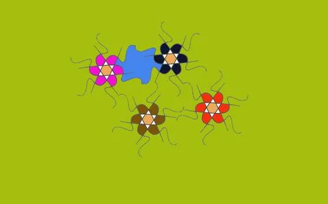 Abstract Colourful Flower Icons with Thin Wavy Lines on Olive Green Backg Stock Illustration