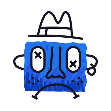 Abstract Comic Blue Face in Hat Show Emotion of Sadness Vector Illustration Stock Illustration