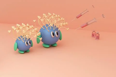 Abstract comic characters. Coronavirus with a girlfriend on vaccination. Illustrazione stock