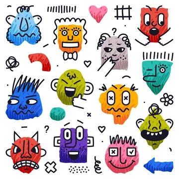 Abstract Comic Faces with Various Emotions Vector Set Illustrazione stock