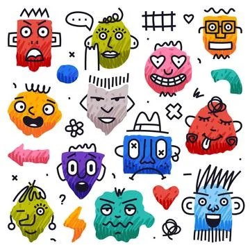 Abstract Comic Faces with Various Emotions Vector Set 스톡 일러스트