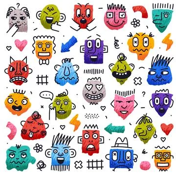 Abstract Comic Faces with Various Emotions Vector Set Illustrazione stock