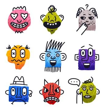 Abstract Comic Faces with Various Emotions Vector Set 스톡 일러스트
