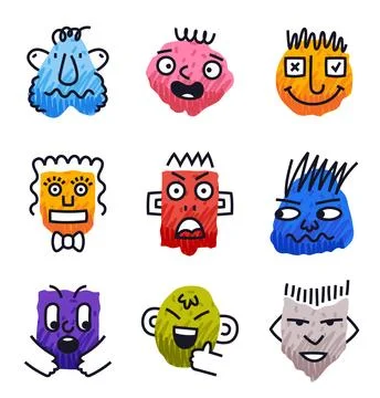 Abstract Comic Faces with Various Emotions Vector Set Stock Illustration