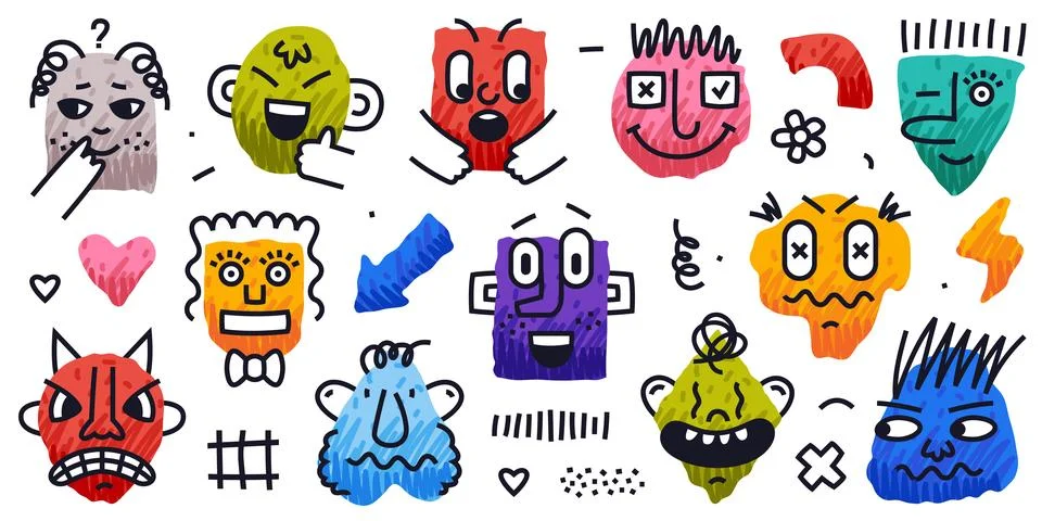 Abstract Comic Faces with Various Emotions Vector Set Stock Illustration