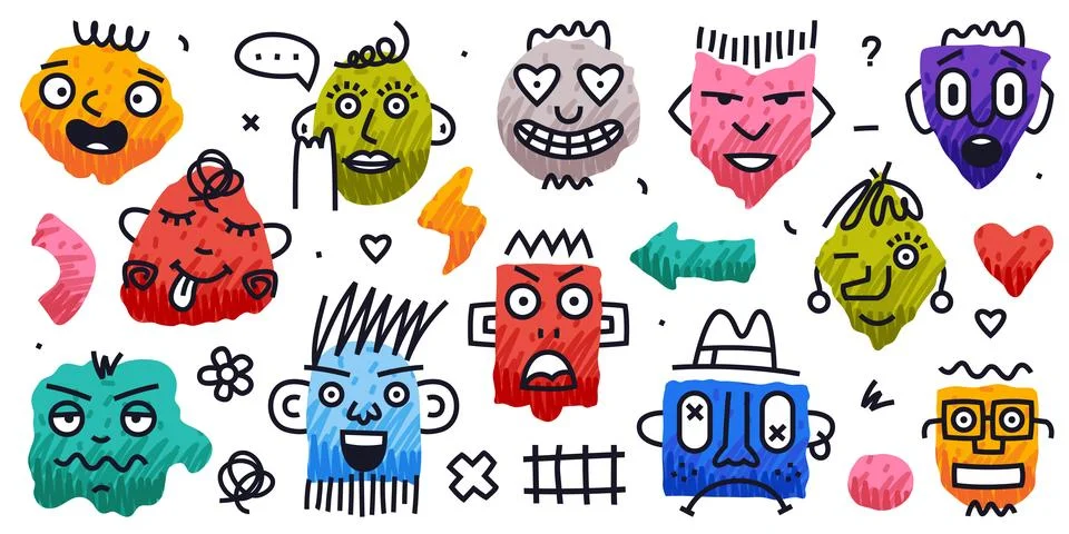 Abstract Comic Faces with Various Emotions Vector Set Stock Illustration