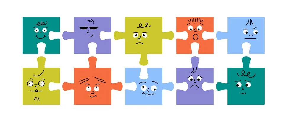 Abstract comic puzzle characters. Doodle cute face jigsaw pieces, cartoon game Illustrazione stock