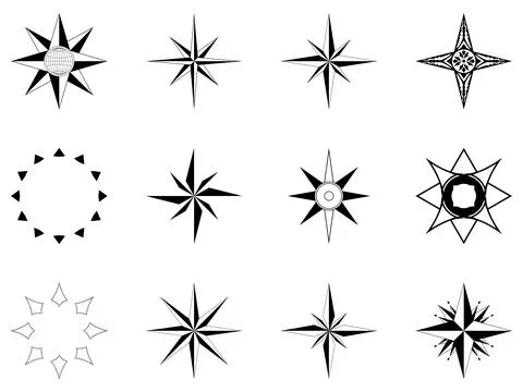 Abstract Compass rose or arrow vector set. Isolated white background. Stock Illustration