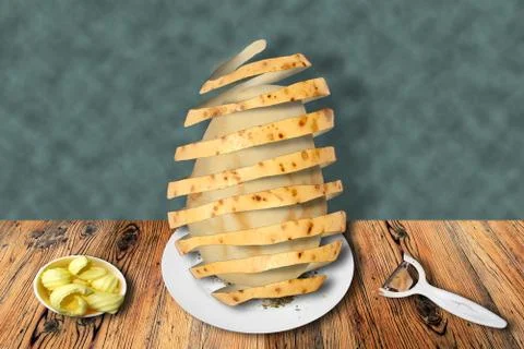 Abstract composite image of how to peel a potato 스톡 사진