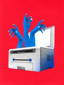 Abstract composite image. Retro printer with expressive blue hands in bold Stock Photos