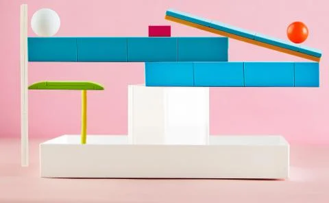 Abstract composition from balanced geometric models spheres and cubes on a du Stock Photos