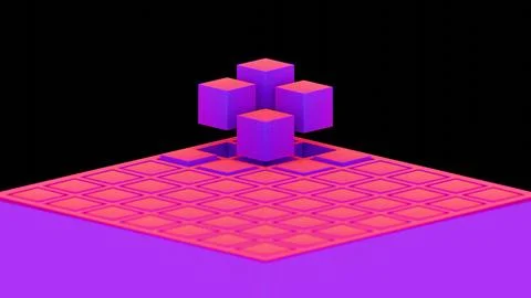 Abstract composition with blue and pink cubes and grid structure.. Illustrazione stock