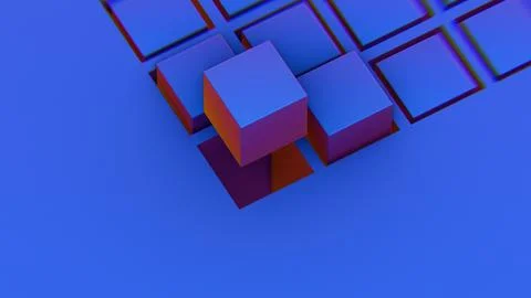 Abstract composition with blue and pink cubes and grid structure.. Illustrazione stock
