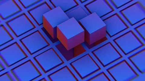 Abstract composition with blue and pink cubes and grid structure.. Illustrazione stock