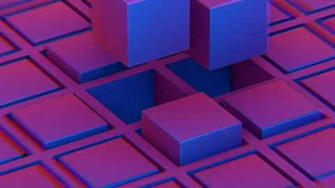 Abstract composition with blue and pink cubes and grid structure.. Illustrazione stock