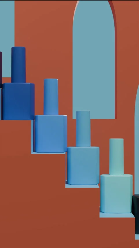 Abstract composition with blue nail polish bottles on orange background Stock Footage 326348622