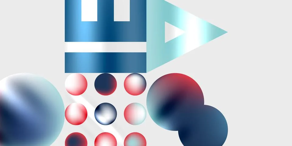 Abstract composition. Blue, red, white spheres, rectangles, triangle. Gradient Stock Illustration