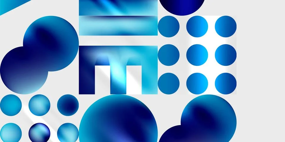 Abstract composition. Blue spheres, rectangles, dots create dynamic visual Illustrazione stock