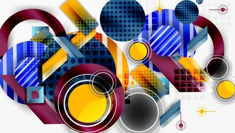 Abstract composition. Circles, squares, rectangles overlap. Blue, yellow, orange Stock Illustration