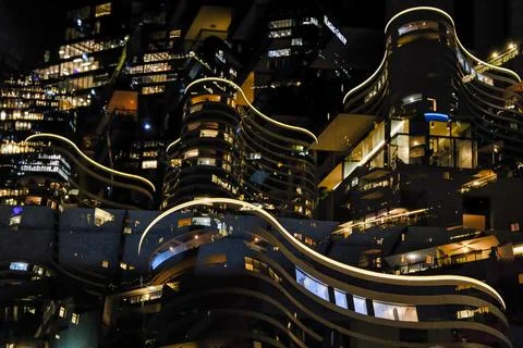 Abstract Composition of City Lights and Modern Architecture at Night Stock Photos