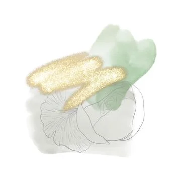 Abstract composition with a contour drawing of a peony flower and a leaf on w Stock Illustration