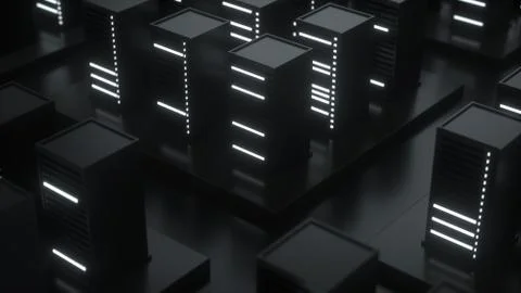 Abstract composition of database. Server stack concept in black with glowing  Illustrazione stock