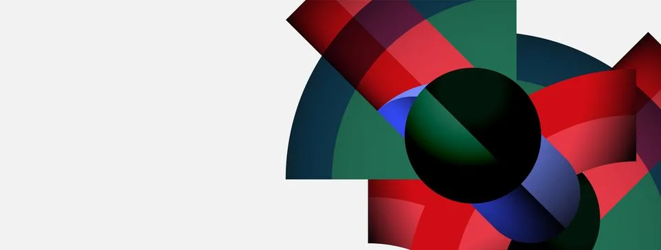 Abstract composition features colorful overlapping shapes, including circles, Stock Illustration