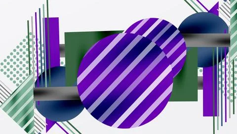 Abstract composition features geometric shapes, stripes, dots. Purple, teal, Illustrazione stock