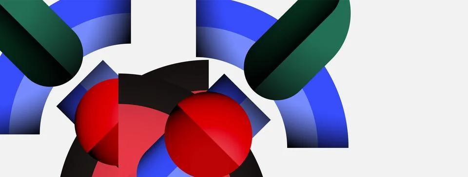 Abstract composition features geometric shapes. Red sphere dominates center, Stock Illustration