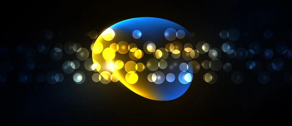 Abstract composition features glowing orbs, blue yellow hues, dark background Stock Illustration