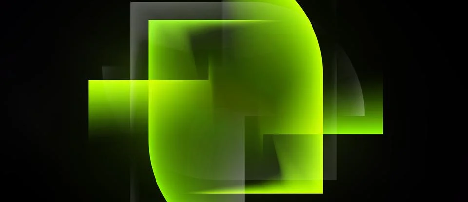 Abstract composition features luminous green rectangles overlapping dark Illustrazione stock