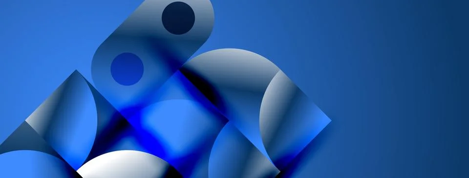 Abstract composition features overlapping blue shapes, gradients, shadows. Illustrazione stock