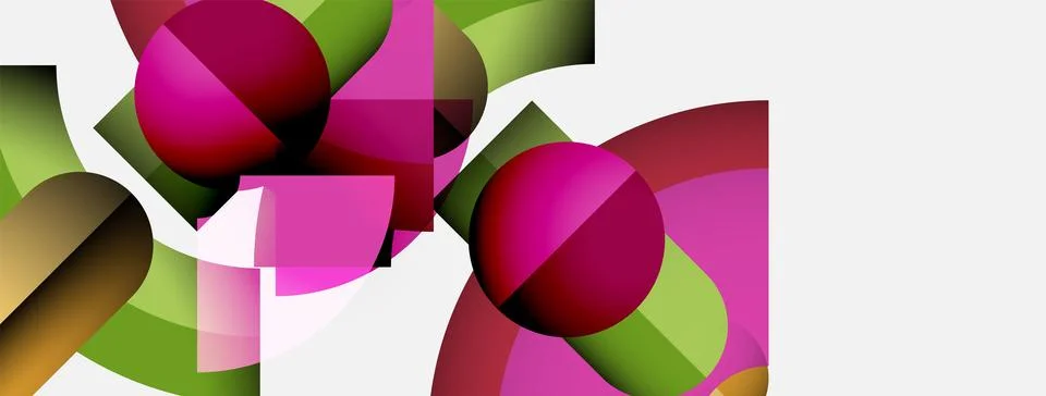 Abstract composition features overlapping circles, curves, vibrant colors. Pink, Stock Illustration