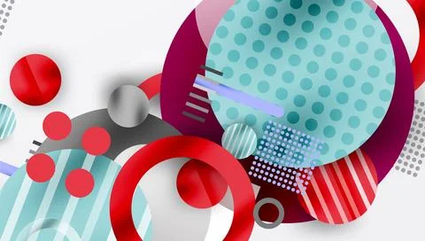 Abstract composition features overlapping circles, stripes, dots. Colors include Stockillustratie