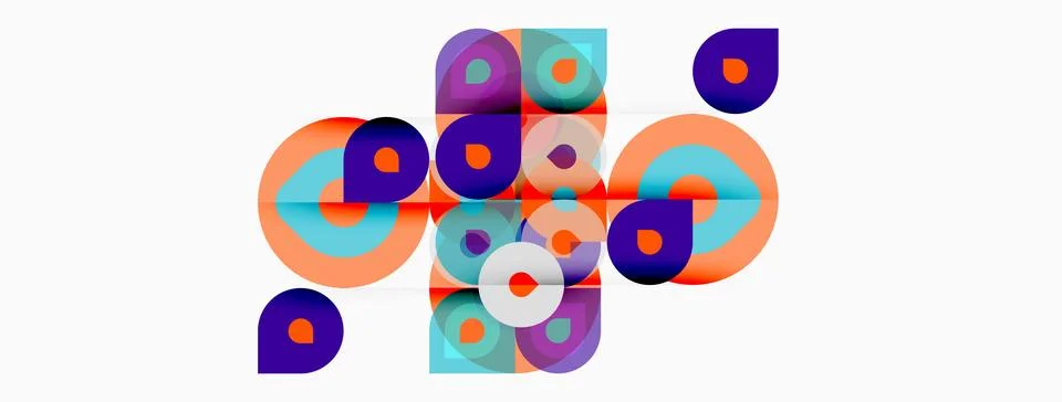 Abstract composition features overlapping circles, squares. Vibrant hues crea 스톡 일러스트