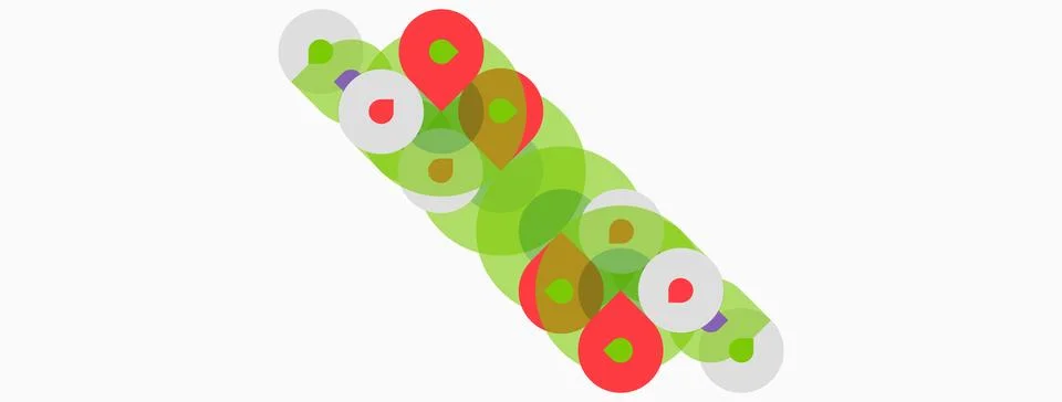 Abstract composition features overlapping circles. Colors include red, green, Stock Illustration