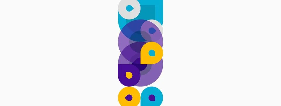 Abstract composition features overlapping circles, vibrant purple, blue, yell Stock Illustration