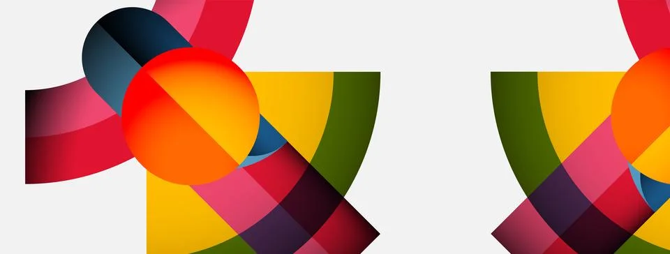 Abstract composition features overlapping colorful shapes, circles, rectangles. 스톡 일러스트