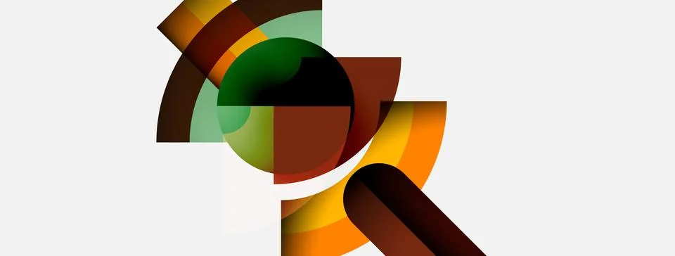 Abstract composition features overlapping curved shapes. Colors include green, Stock Illustration