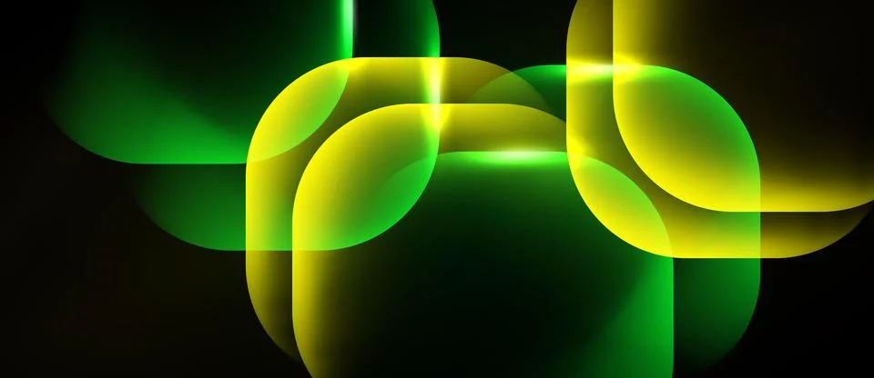 Abstract composition features overlapping luminous circles, vibrant green, Stock Illustration