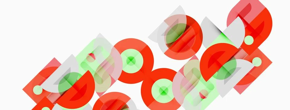 Abstract composition features overlapping red, green circles, rectangles. イラスト素材