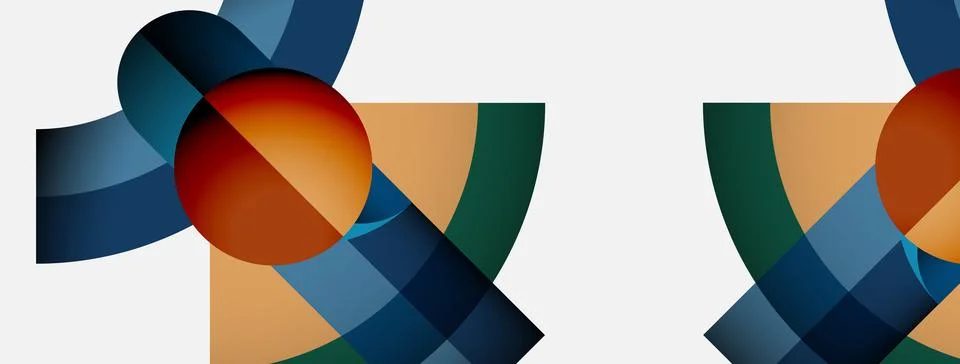 Abstract composition features overlapping shapes, vibrant colors. Circles, Stock Illustration